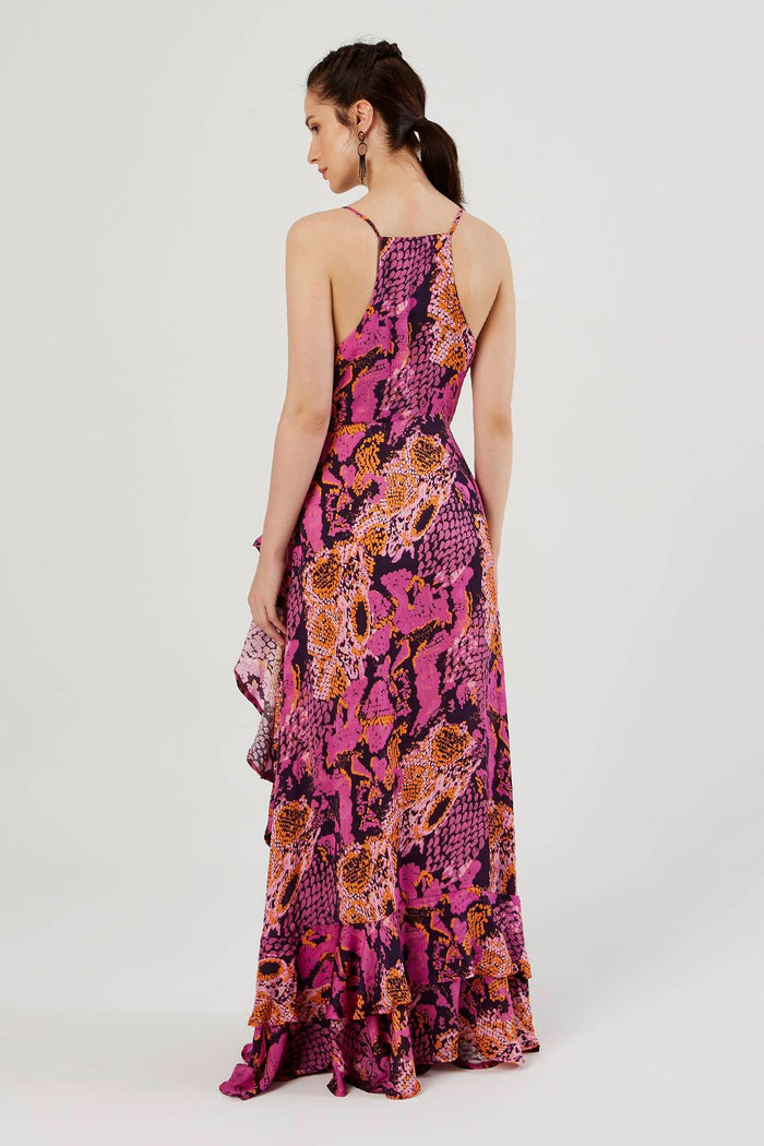 Purple Patterned Double Breasted Dress With Frilly Skirt