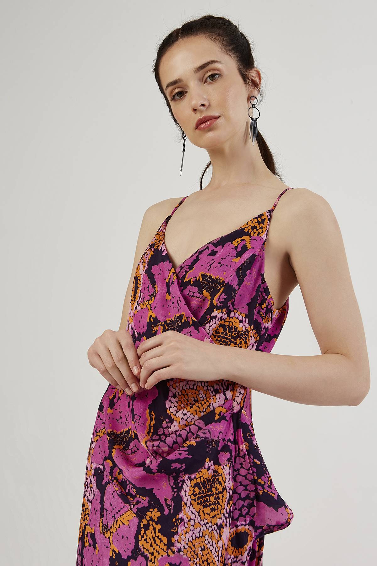 Purple Patterned Double Breasted Dress With Frilly Skirt