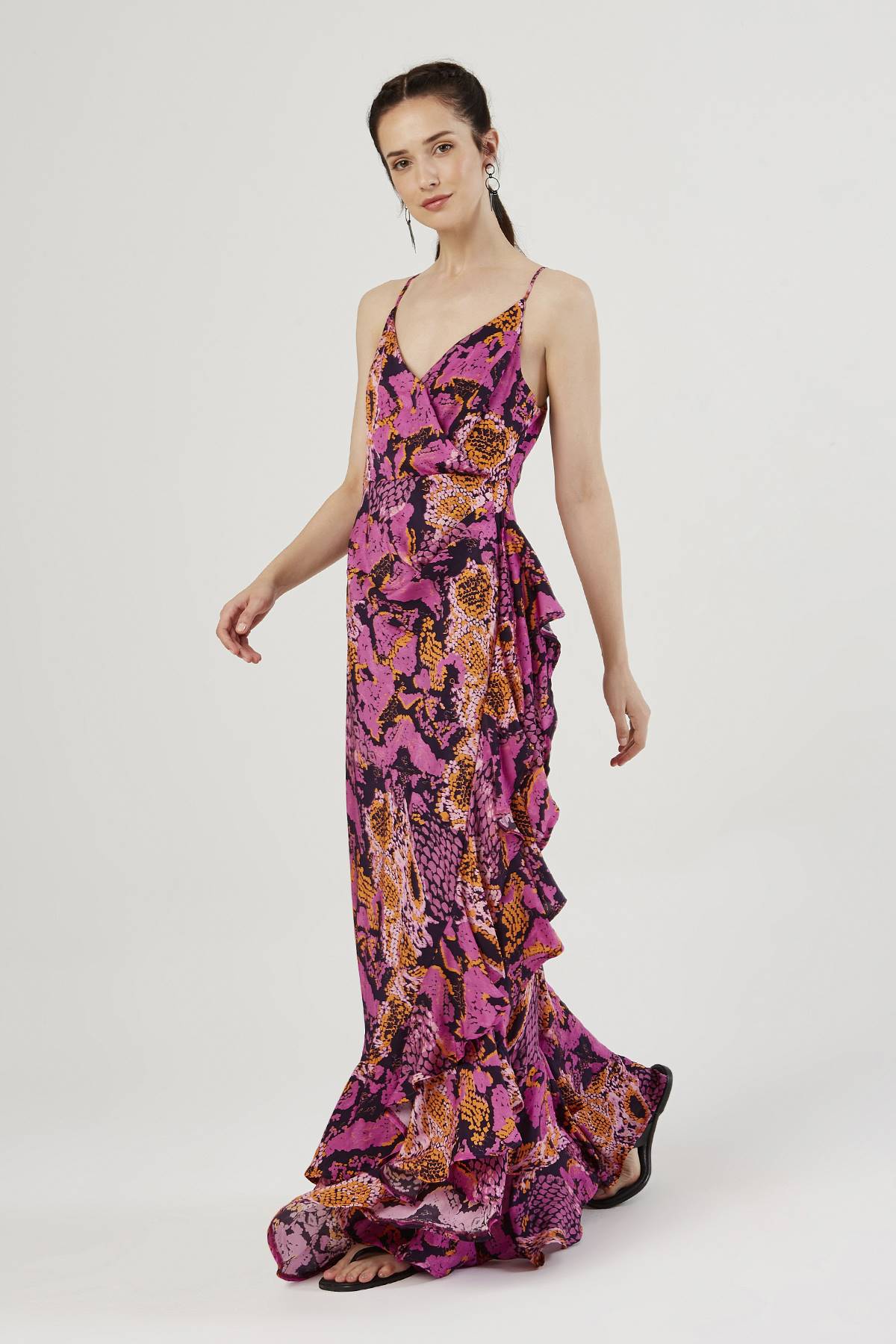 Purple Patterned Double Breasted Dress With Frilly Skirt