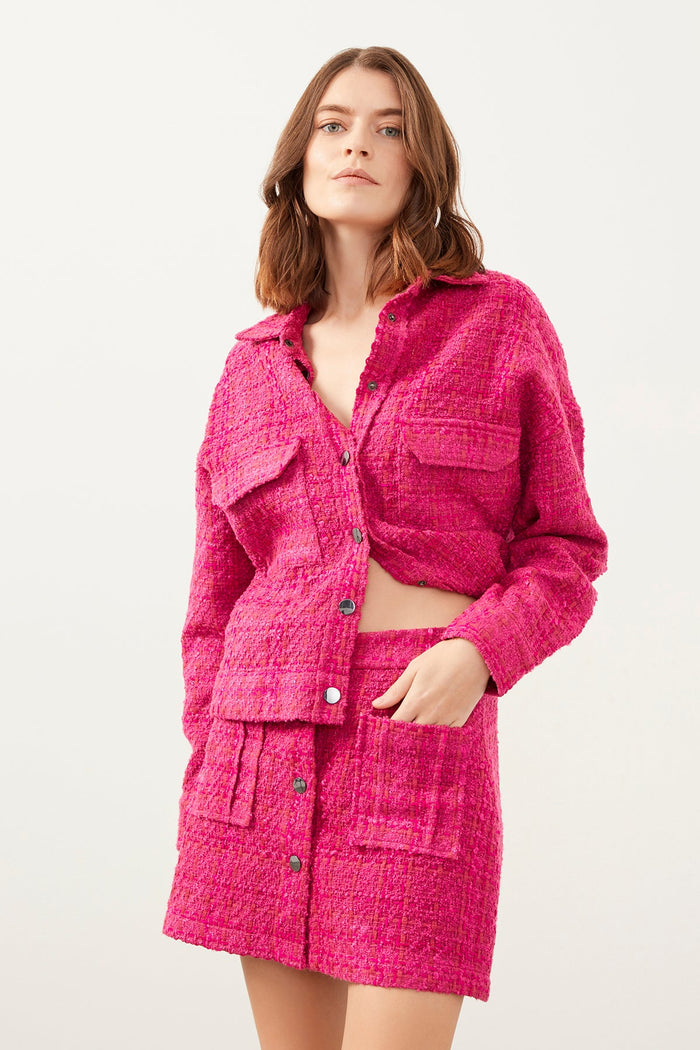 Pink Tweed Pocket Detail Button Up Mini Skirt