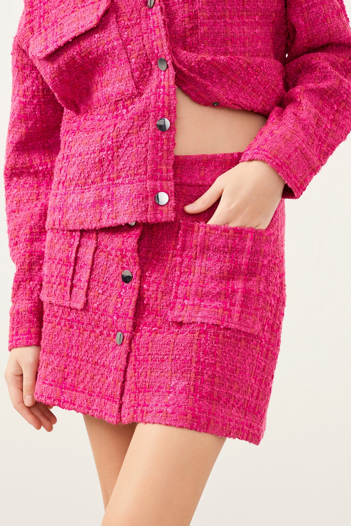 Pink Tweed Pocket Detail Button Up Mini Skirt
