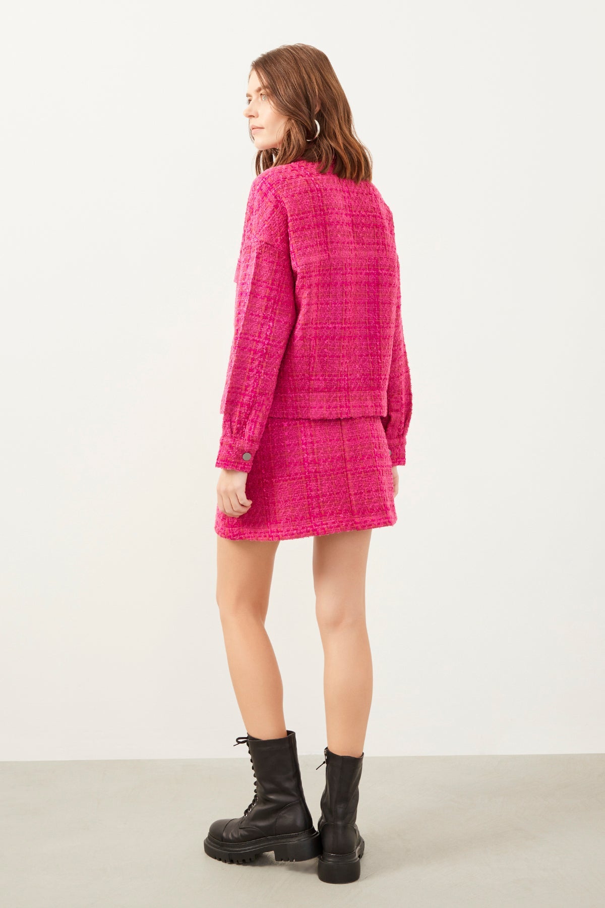 Pink Tweed Pocket Detail Button Up Mini Skirt