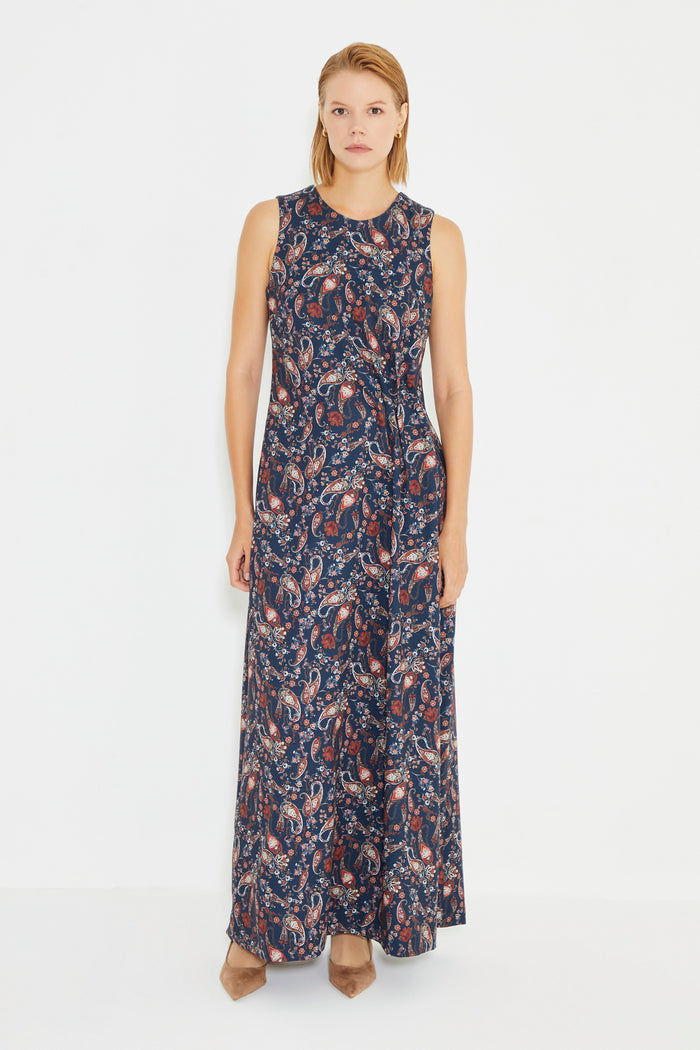 Paisley Print Sleeveless Side Gathered Long Dress