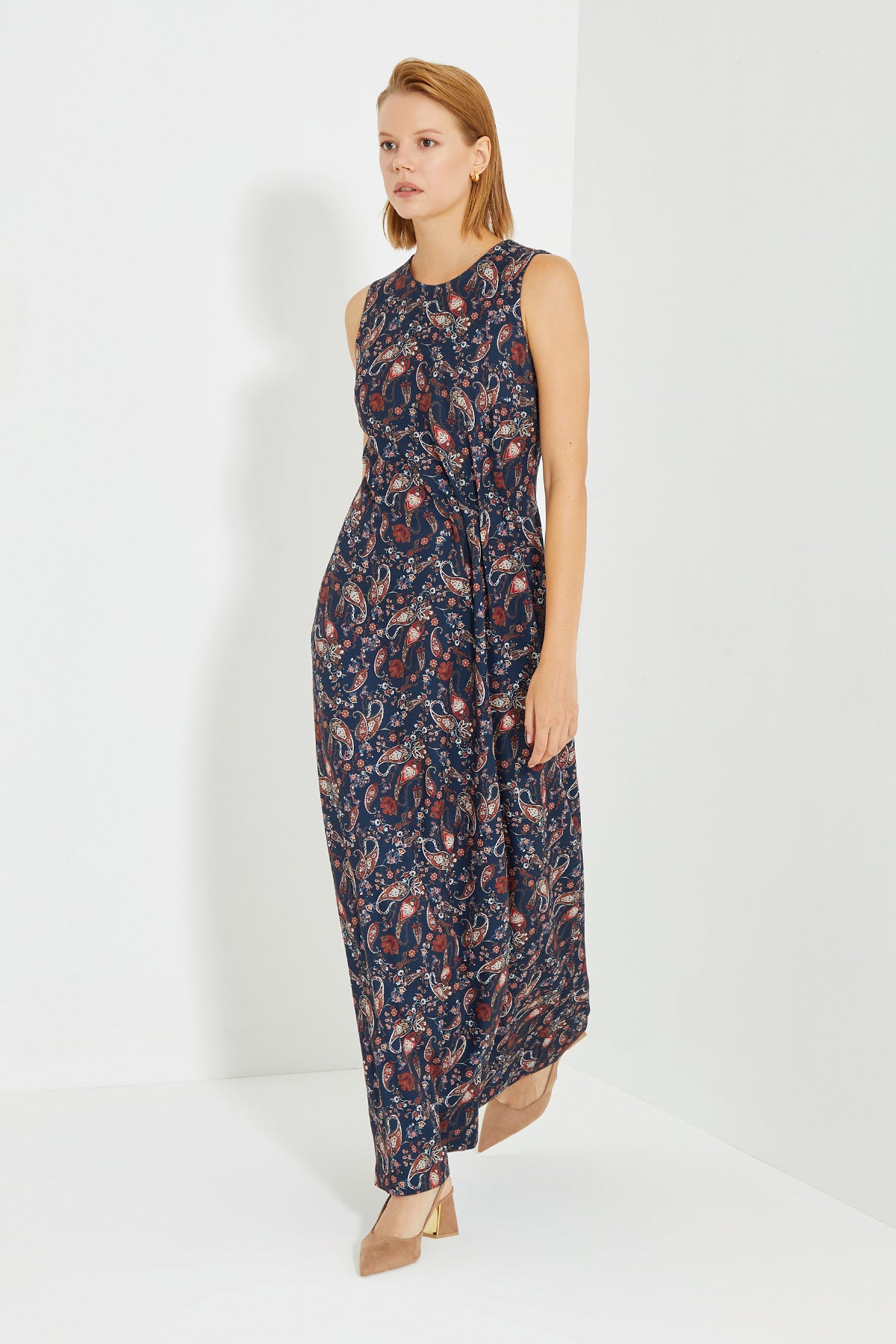 Paisley Print Sleeveless Side Gathered Long Dress