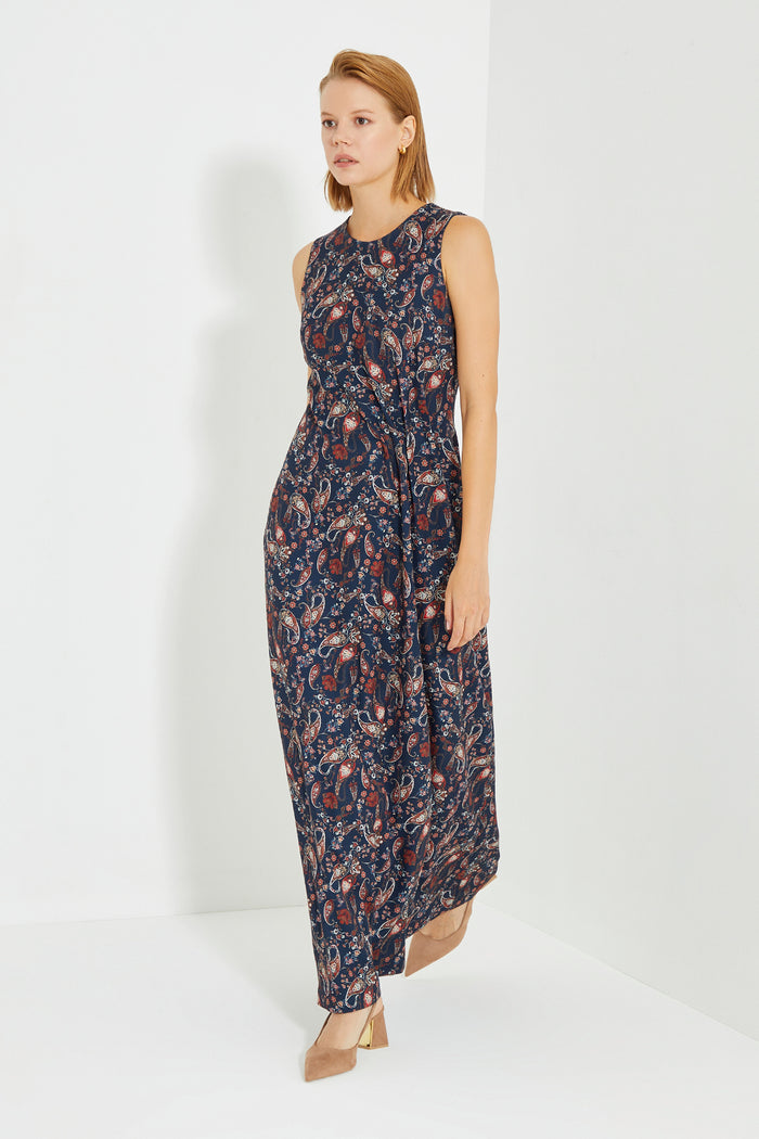 Paisley Print Sleeveless Side Gathered Long Dress