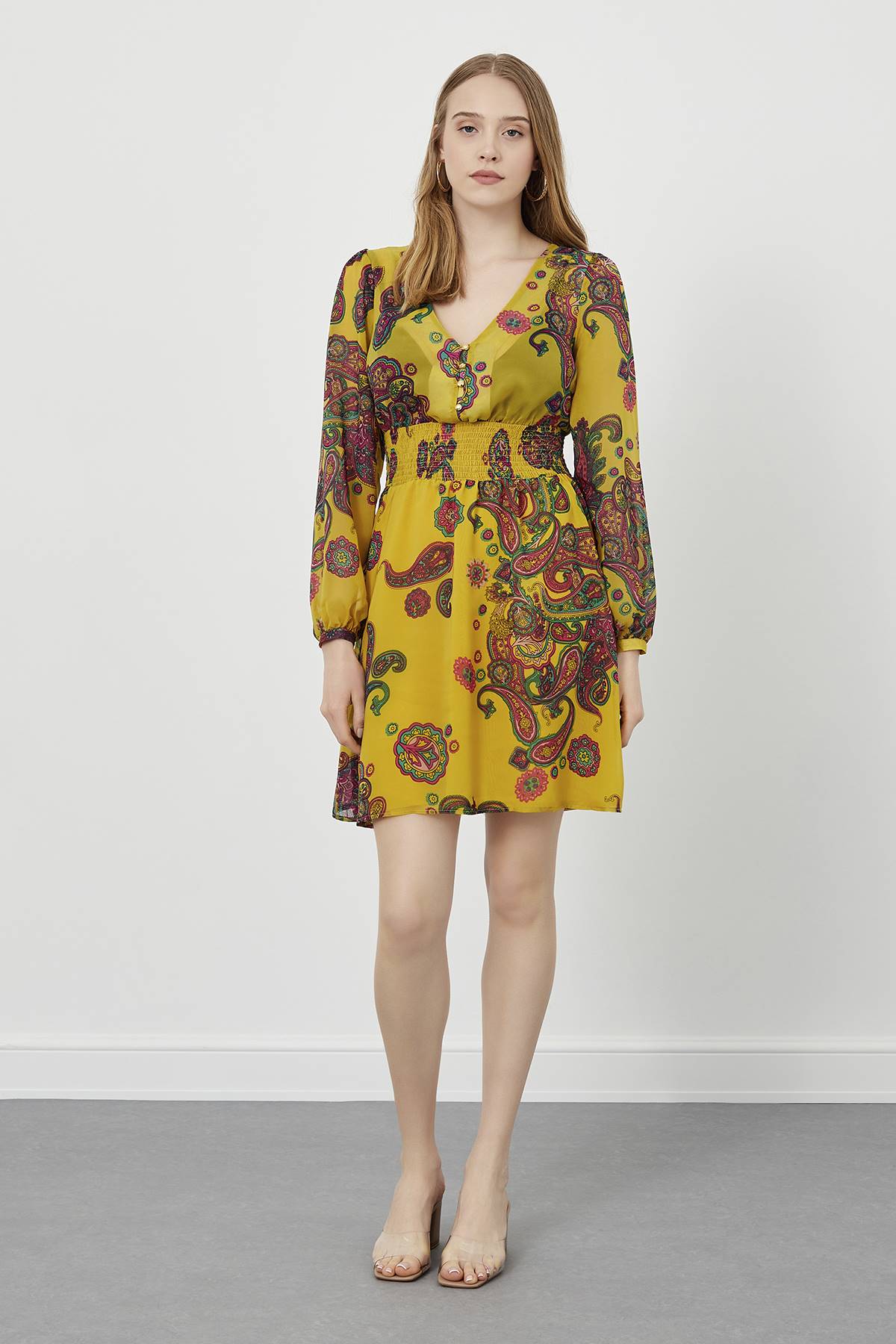 Shawl Patterned V-Neck Mini Dress