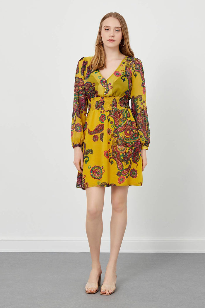 Shawl Patterned V-Neck Mini Dress
