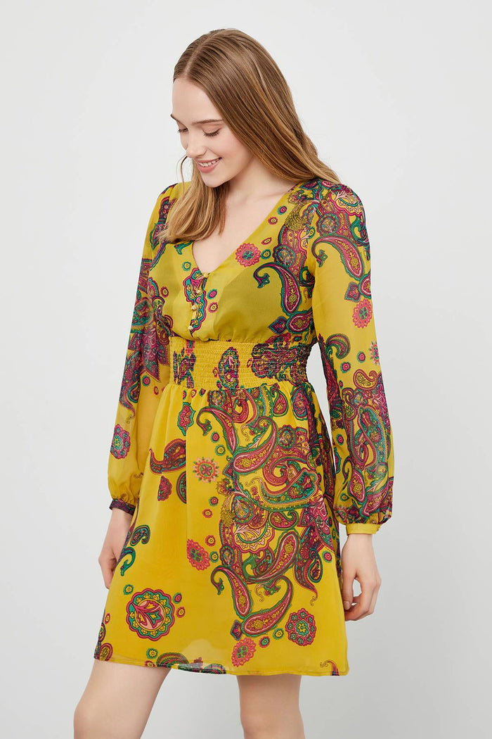 Shawl Patterned V-Neck Mini Dress