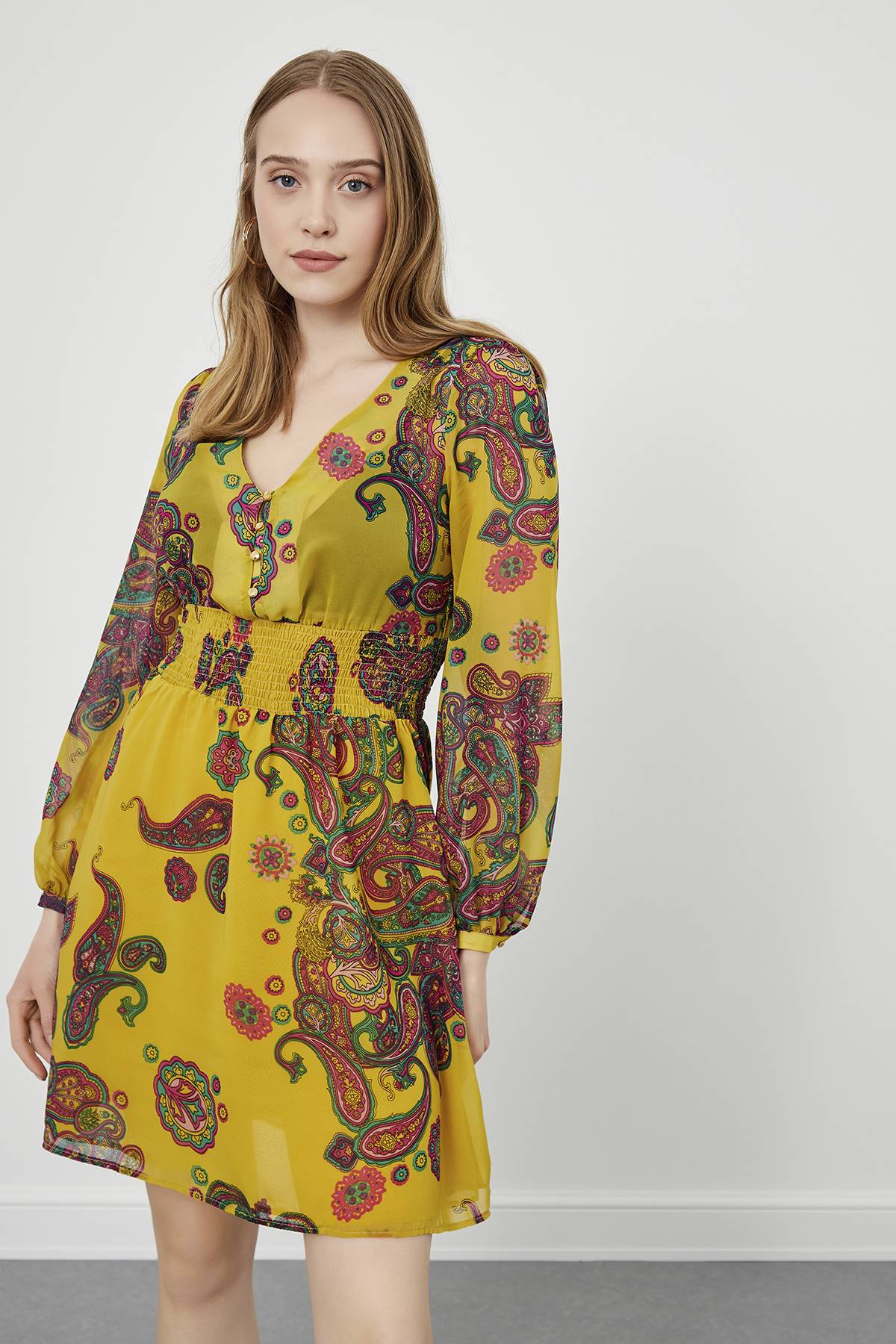 Shawl Patterned V-Neck Mini Dress