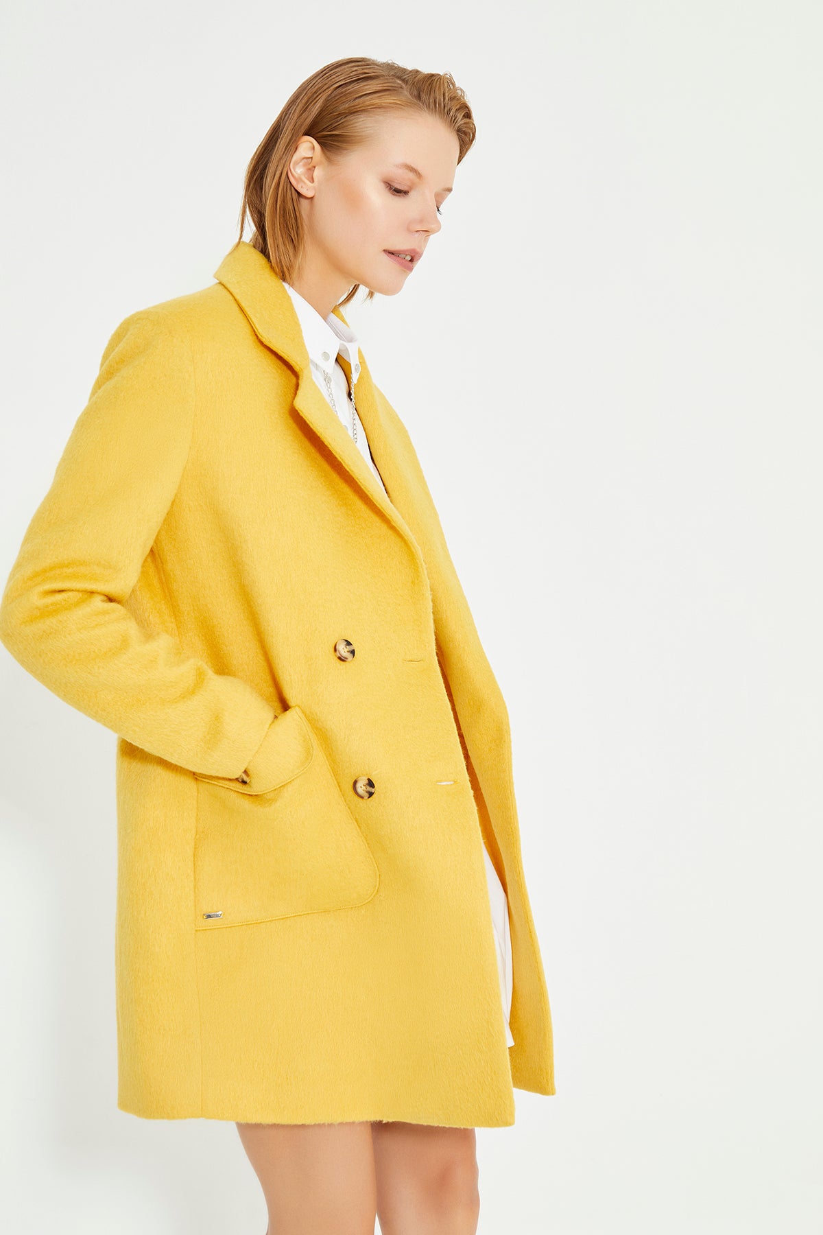 Yellow Double Breasted Side Patch Pocket With Button Women's Coat