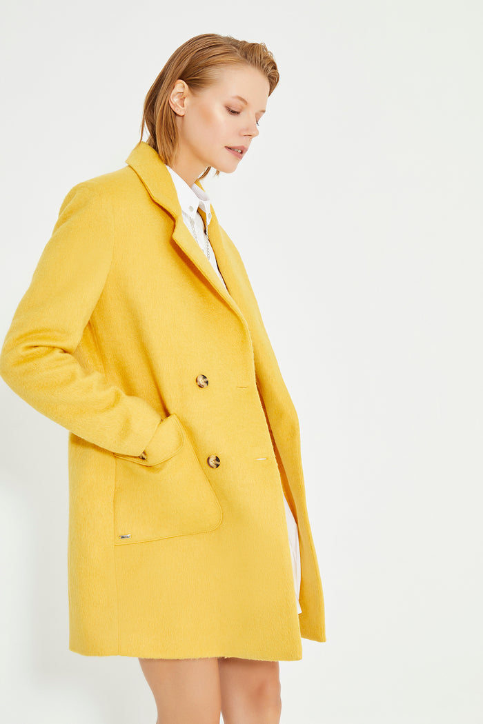 Yellow Double Breasted Side Patch Pocket With Button Women's Coat
