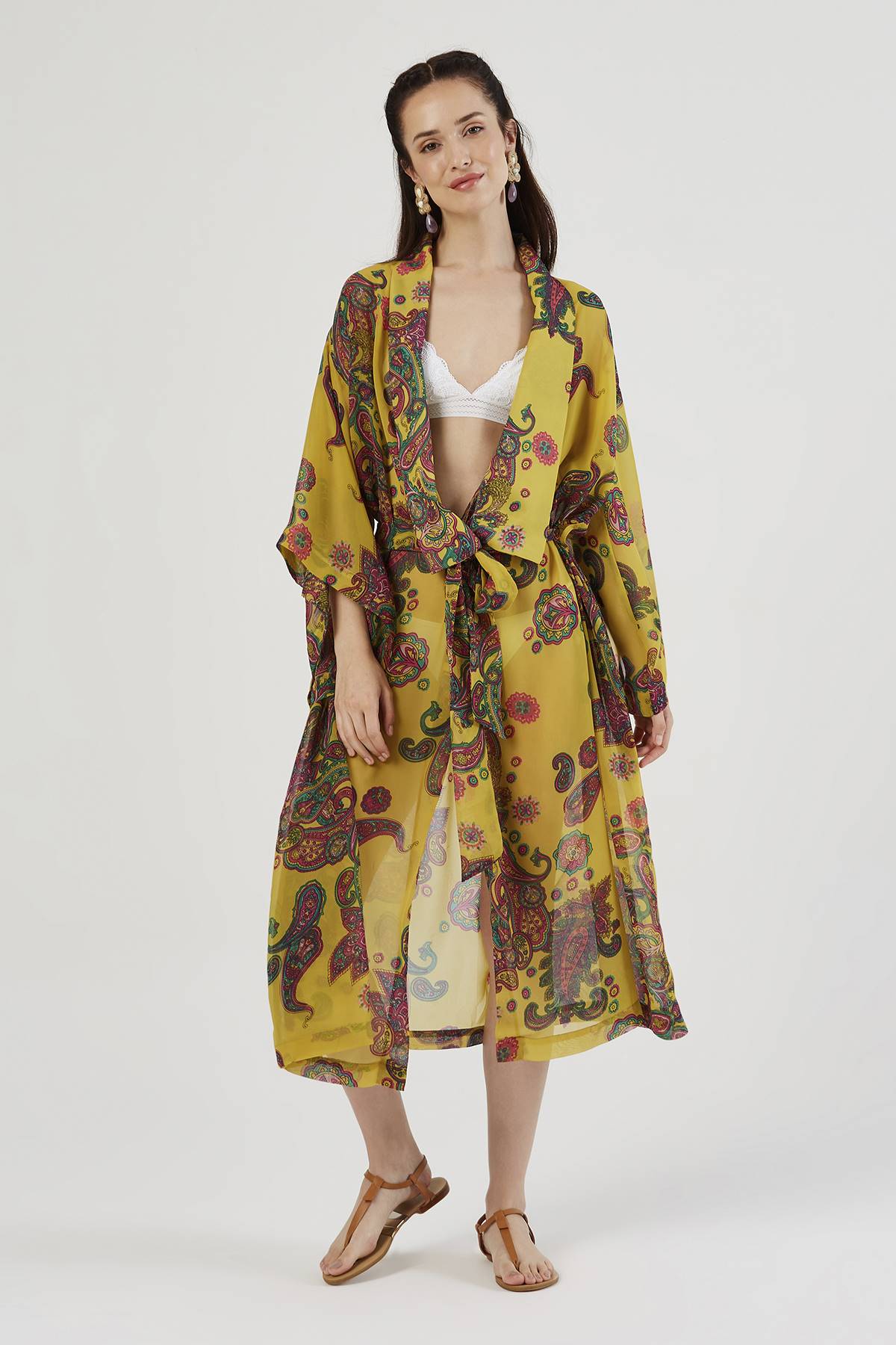 Yellow Floral Pattern Belted Kimono