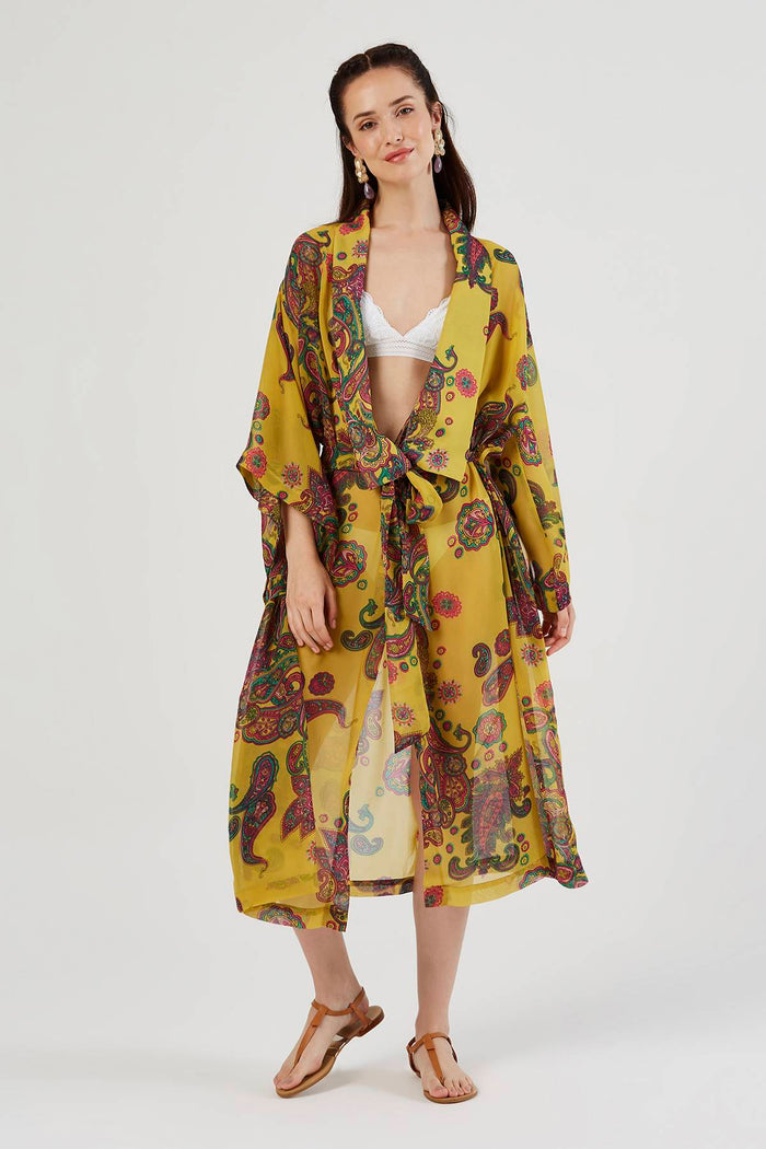 Yellow Floral Pattern Belted Kimono