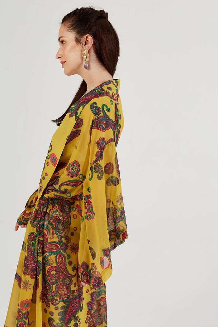 Yellow Floral Pattern Belted Kimono