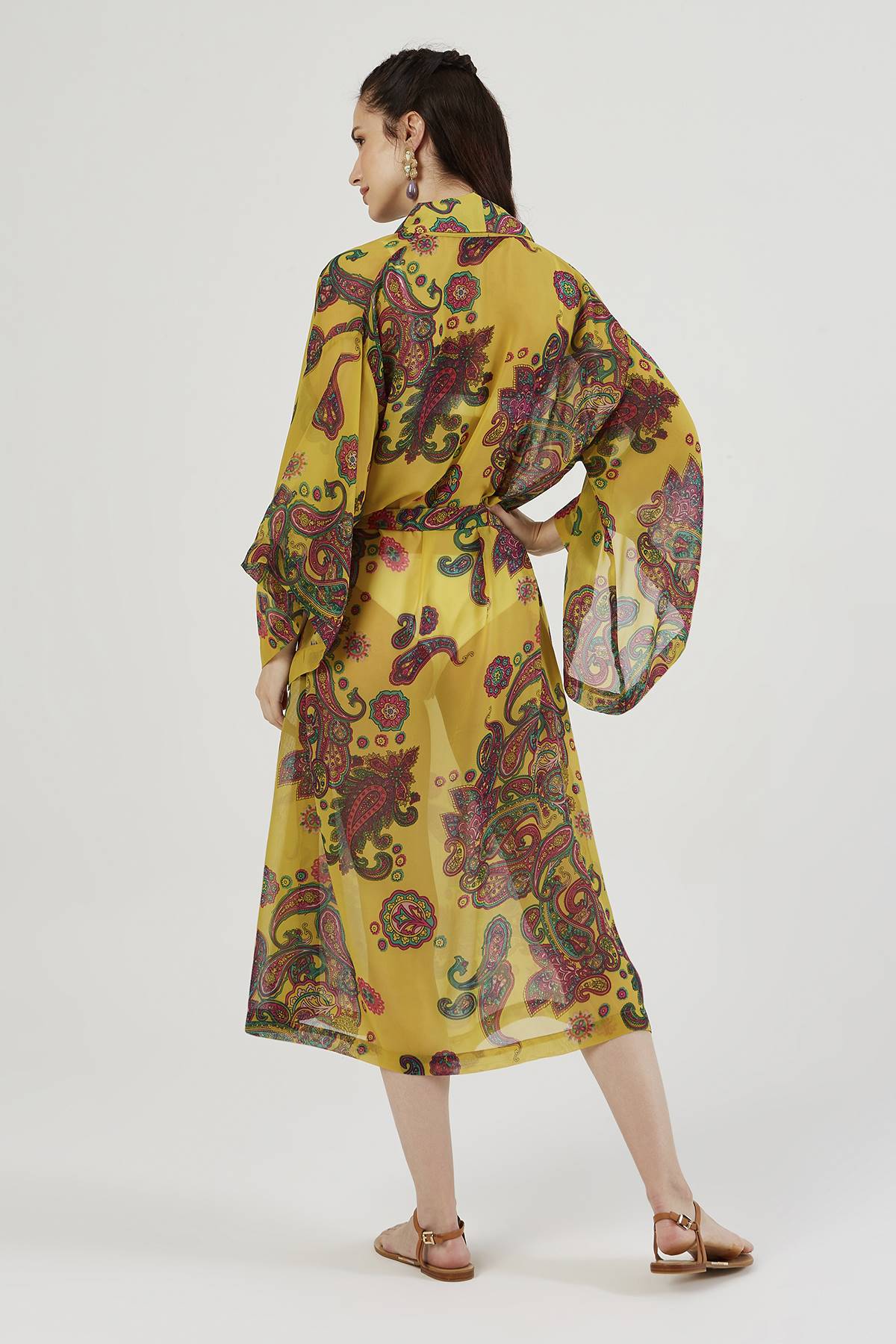 Yellow Floral Pattern Belted Kimono