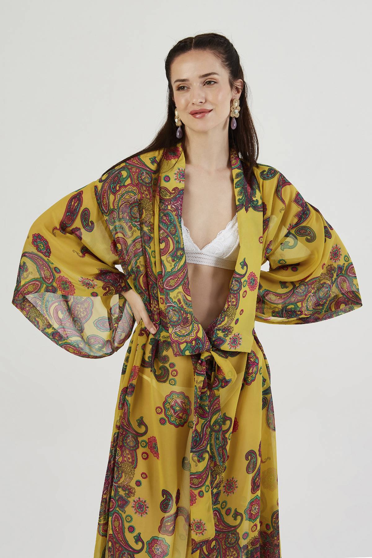 Yellow Floral Pattern Belted Kimono