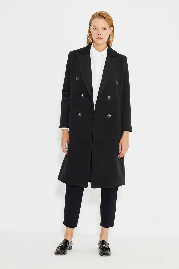 Black Double Breasted Front Button Closure Long Women's Coat