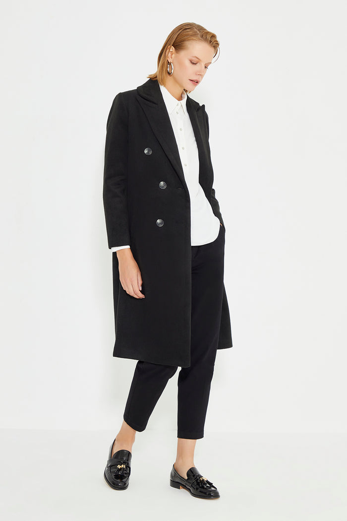 Black Double Breasted Front Button Closure Long Women's Coat