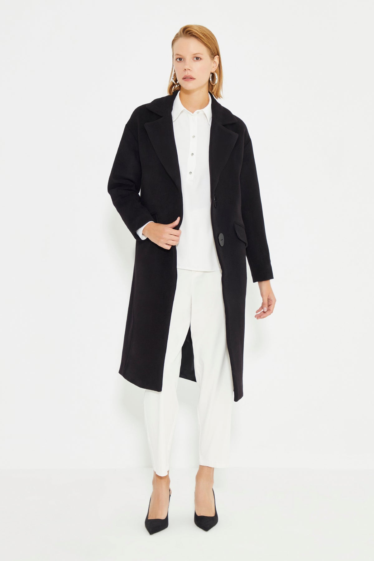 Black Low Shoulder Slit Detailed Long Women's Coat