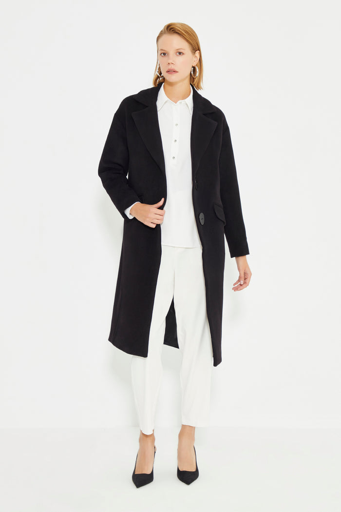 Black Low Shoulder Slit Detailed Long Women's Coat