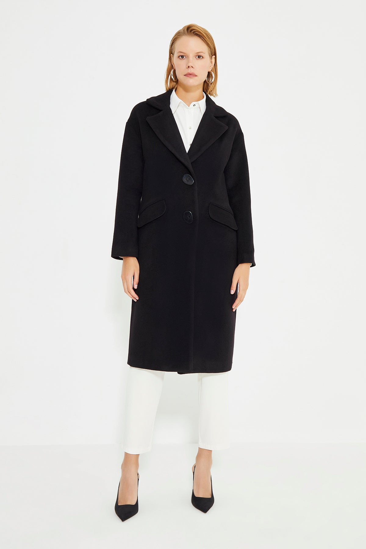 Black Low Shoulder Slit Detailed Long Women's Coat