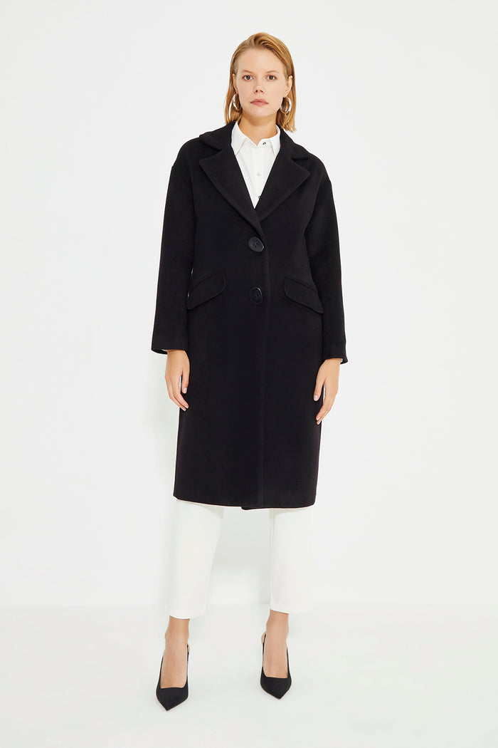 Black Low Shoulder Slit Detailed Long Women's Coat