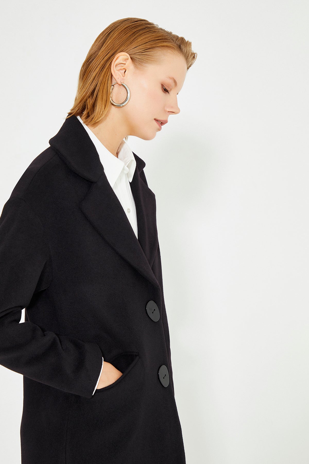 Black Low Shoulder Slit Detailed Long Women's Coat