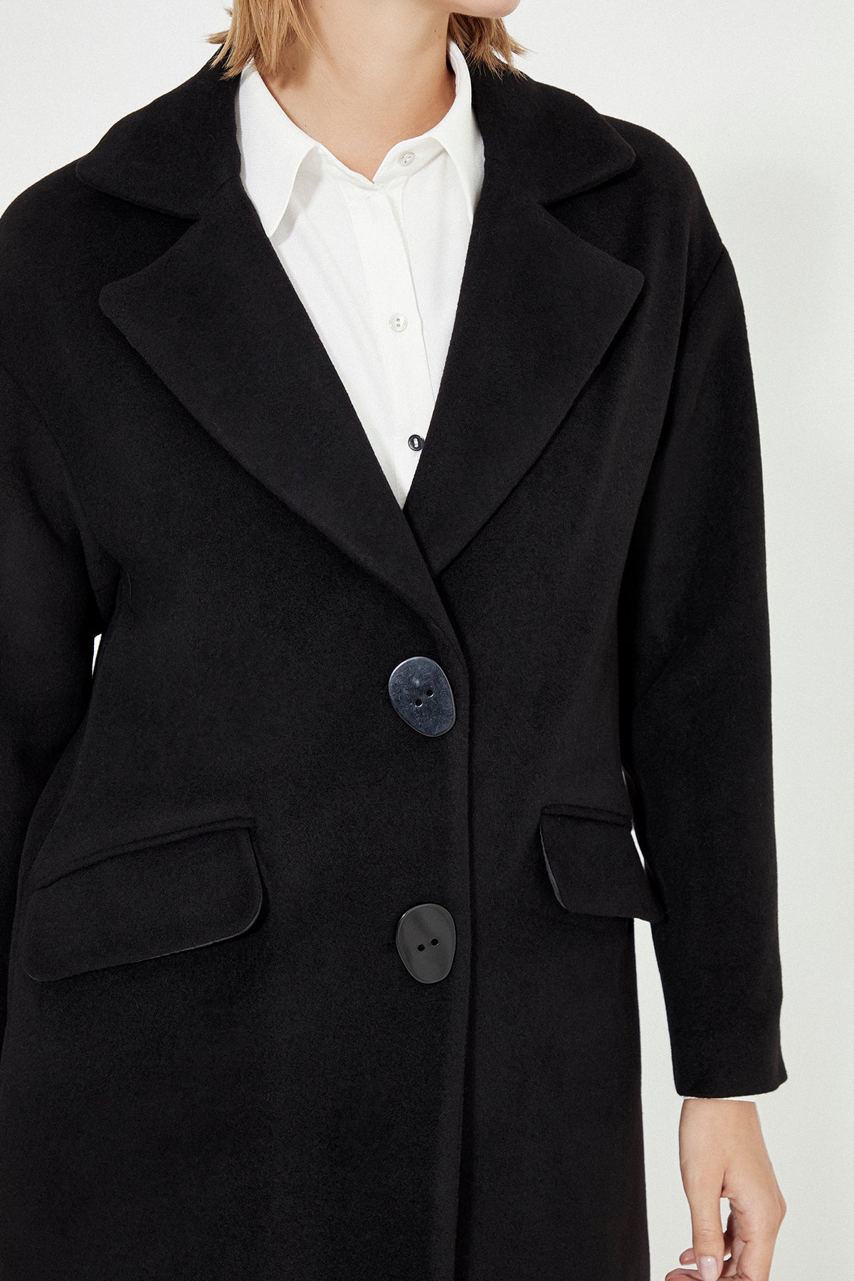 Black Low Shoulder Slit Detailed Long Women's Coat