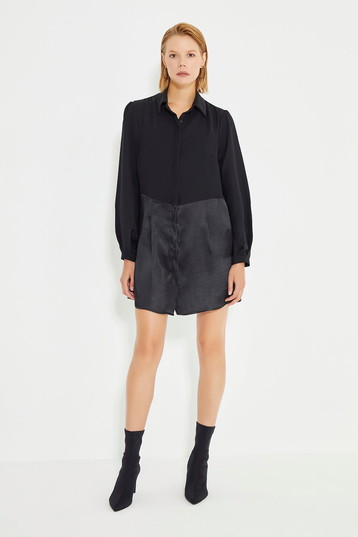 Black Long Sleeve Shirt Dress With Satin Skirt and Chiffon Top