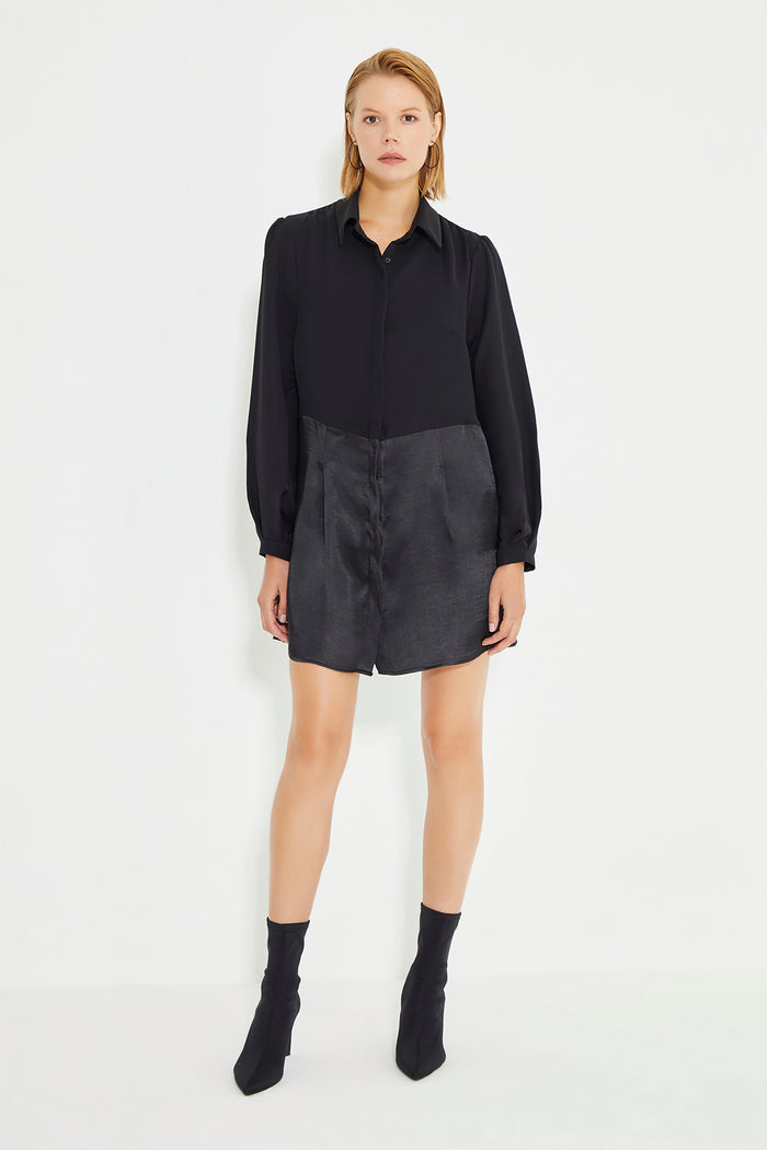 Black Long Sleeve Shirt Dress With Satin Skirt and Chiffon Top