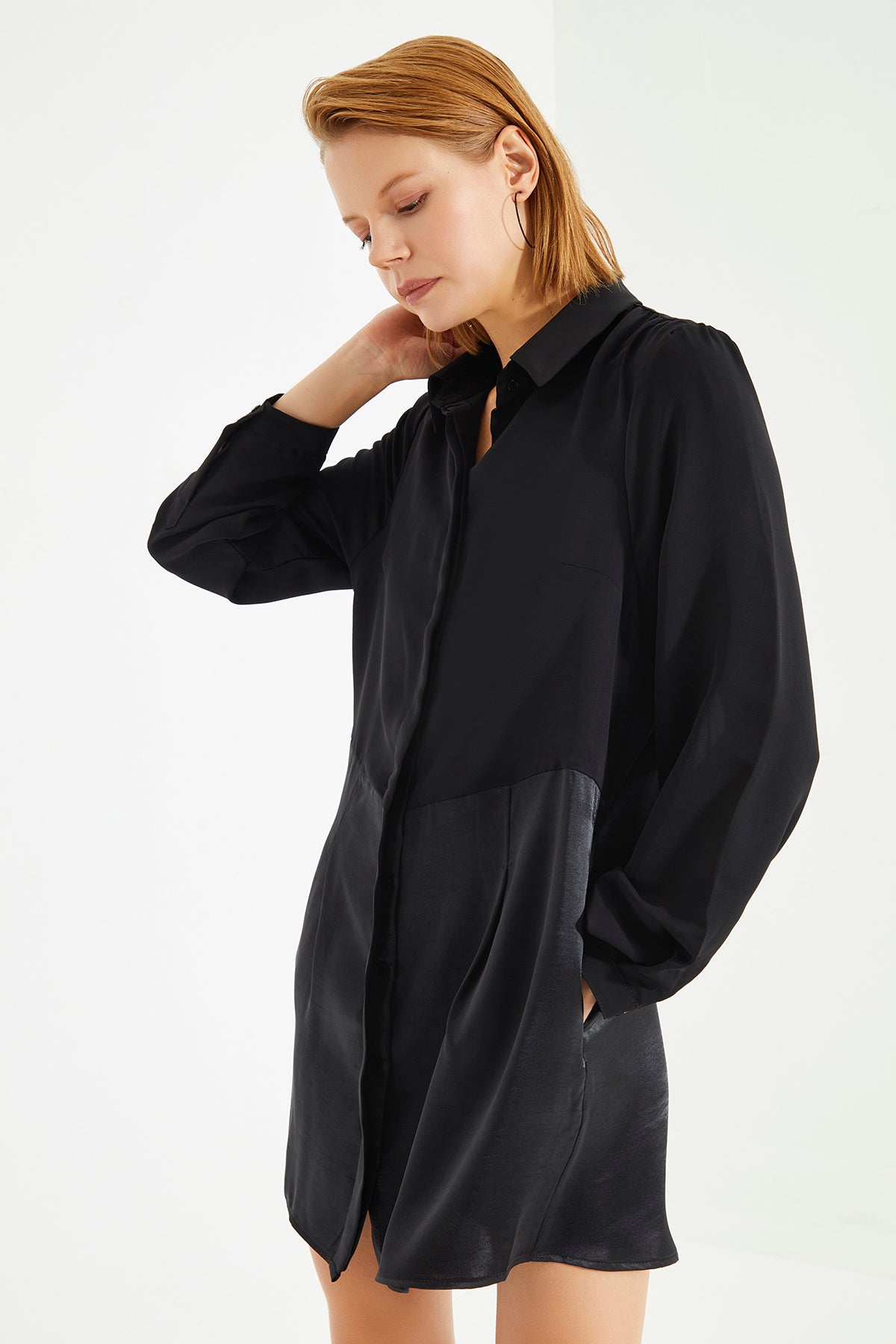 Black Long Sleeve Shirt Dress With Satin Skirt and Chiffon Top