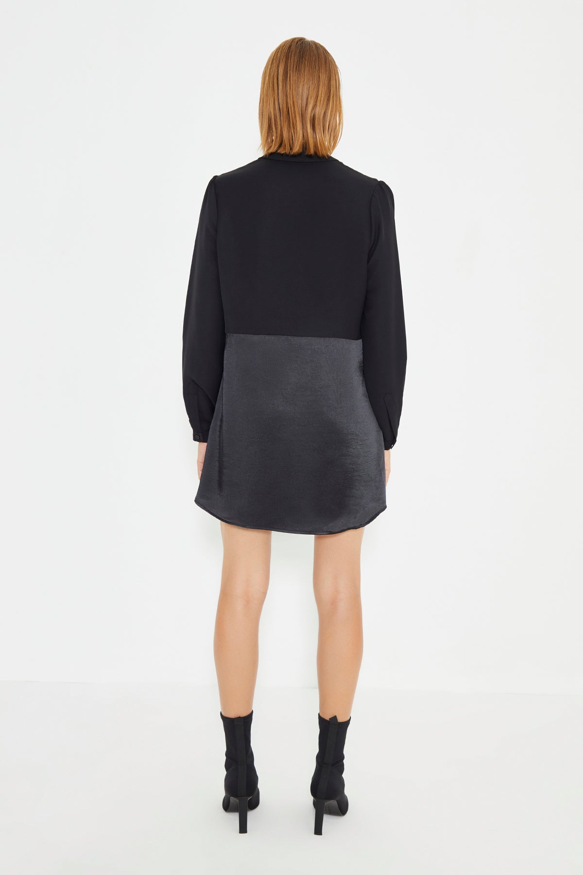 Black Long Sleeve Shirt Dress With Satin Skirt and Chiffon Top