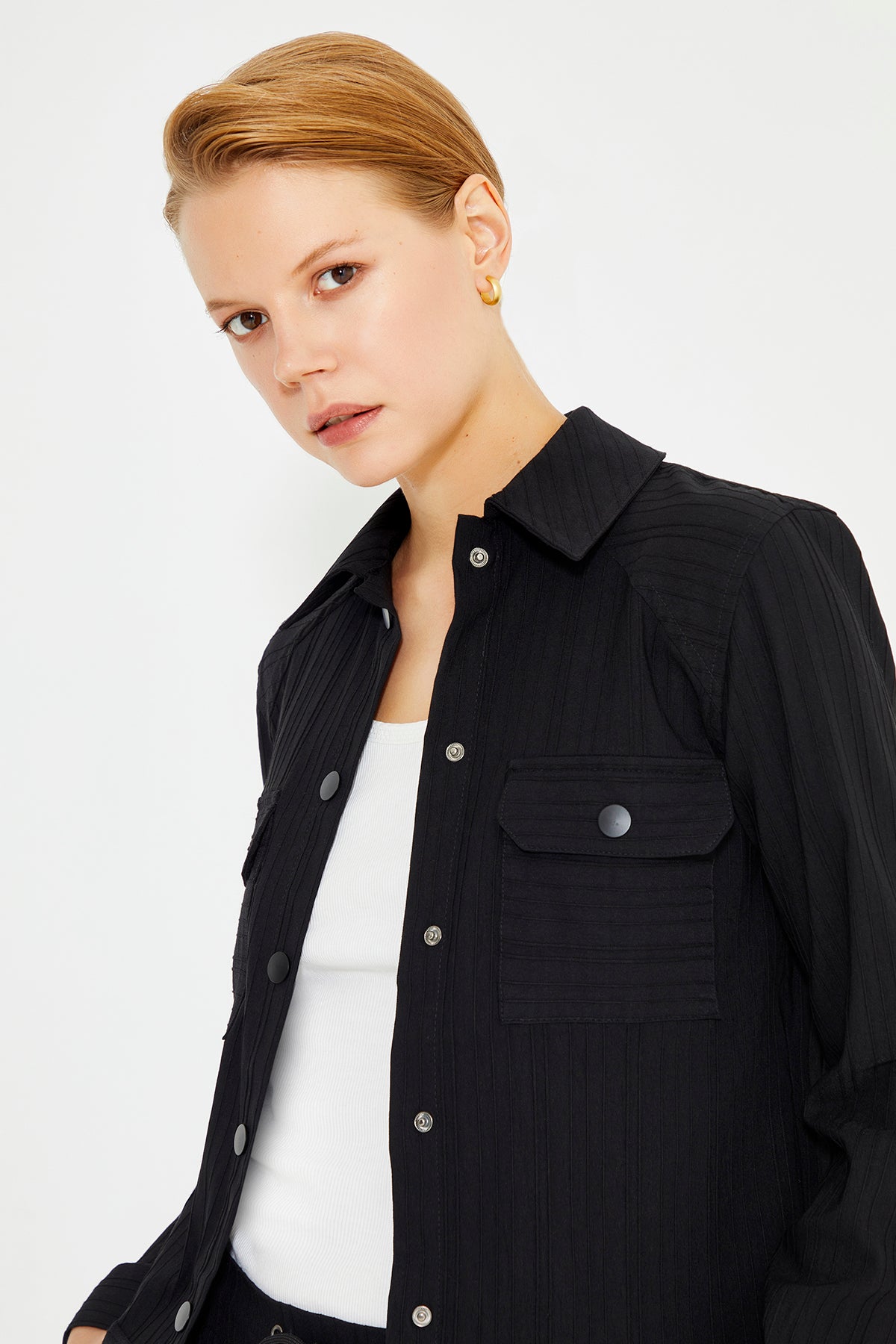 Black Shirt Collar Long Sleeve Women's Jacket