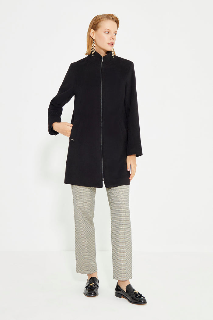 Black Front And Collar Zip Detailed women's Coat