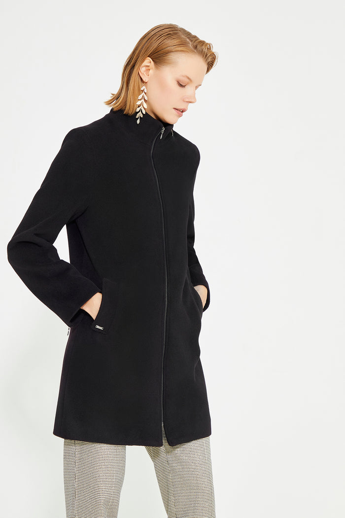Black Front And Collar Zip Detailed women's Coat