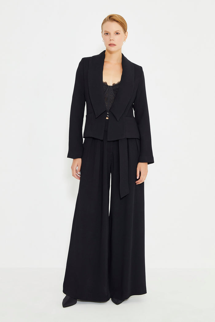 Black Pleated Self Fabric Belted Side Pocket Women's Trousers