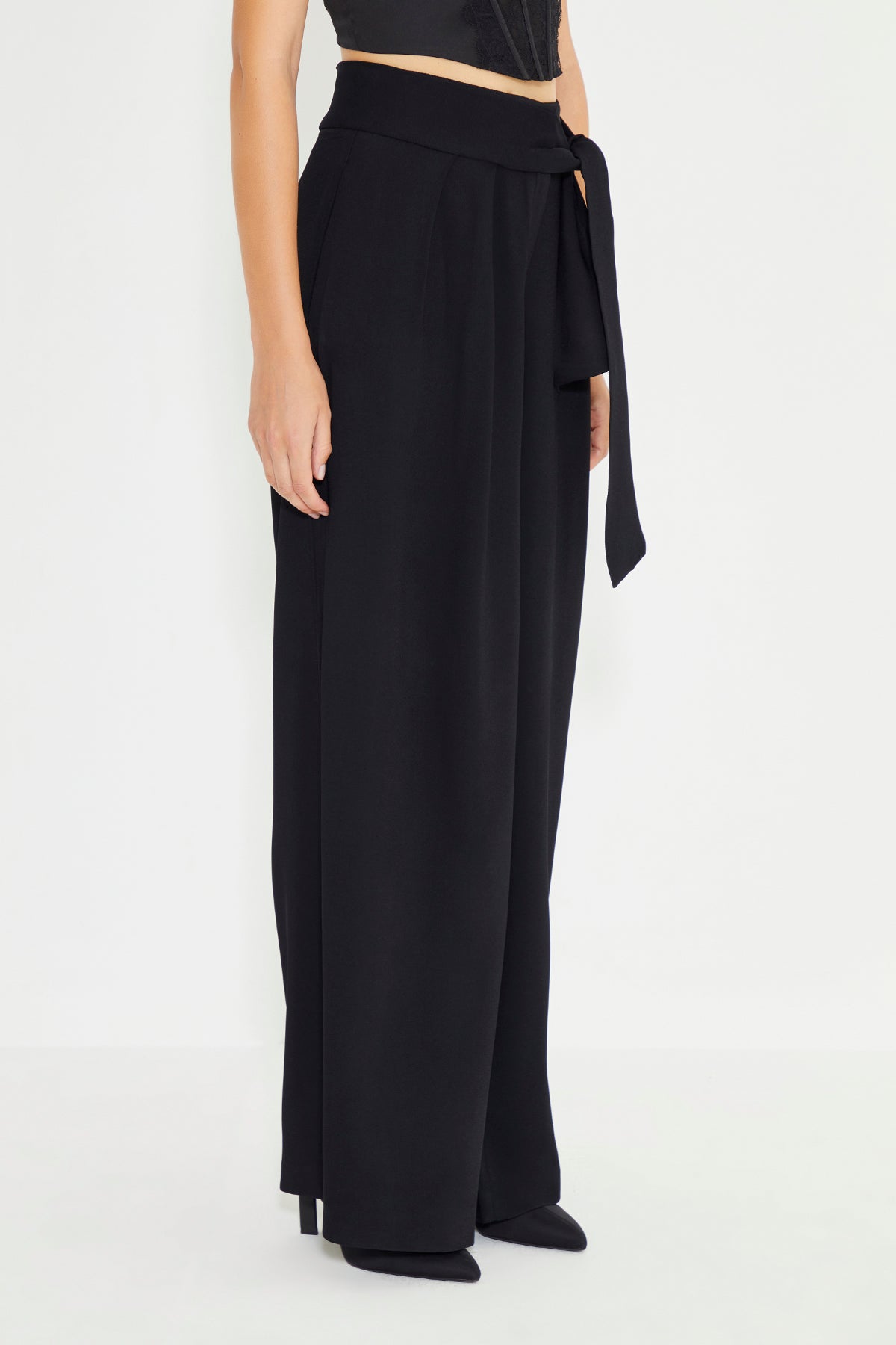 Black Pleated Self Fabric Belted Side Pocket Women's Trousers
