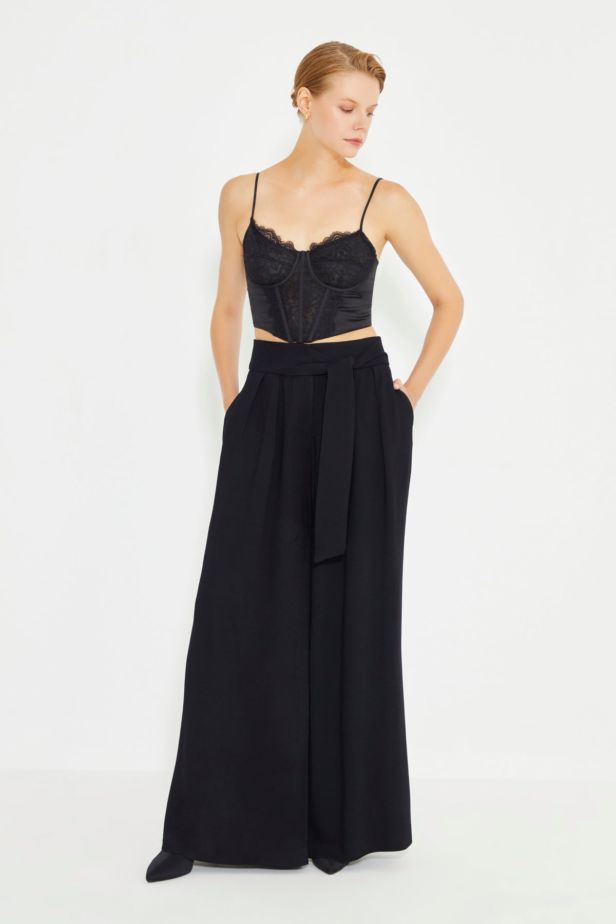 Black Pleated Self Fabric Belted Side Pocket Women's Trousers
