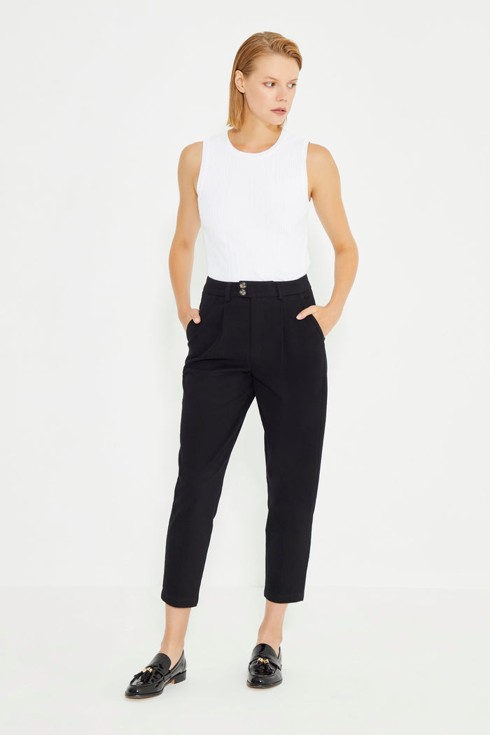 Black High Waist Pleated Women's Trousers
