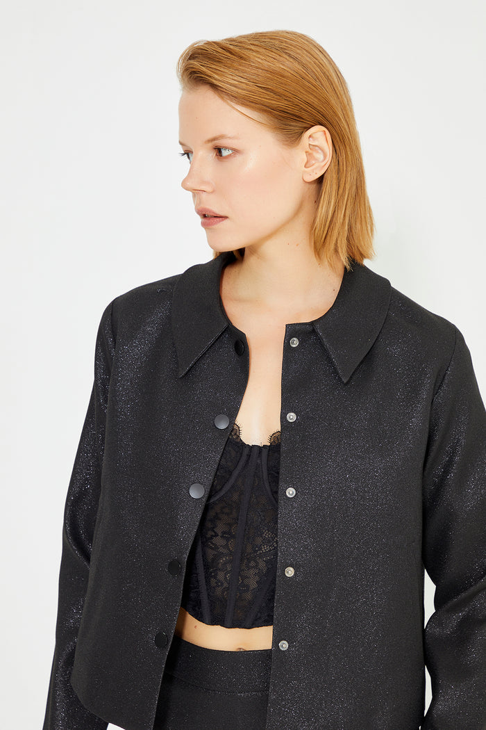 Black Shirt Collar Long Sleeve Women's Jacket
