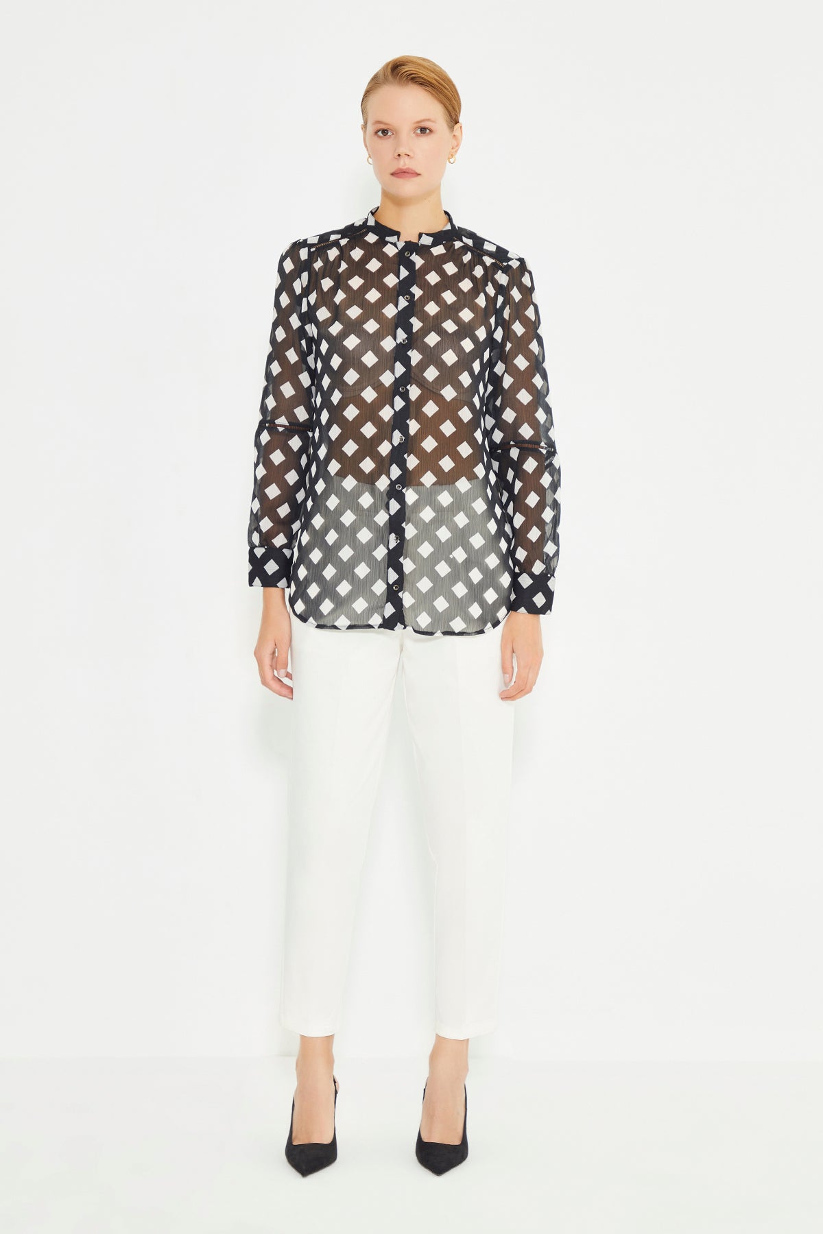 Black And White Checked Pattern Long Sleeve Ladder Strip Women's Shirt