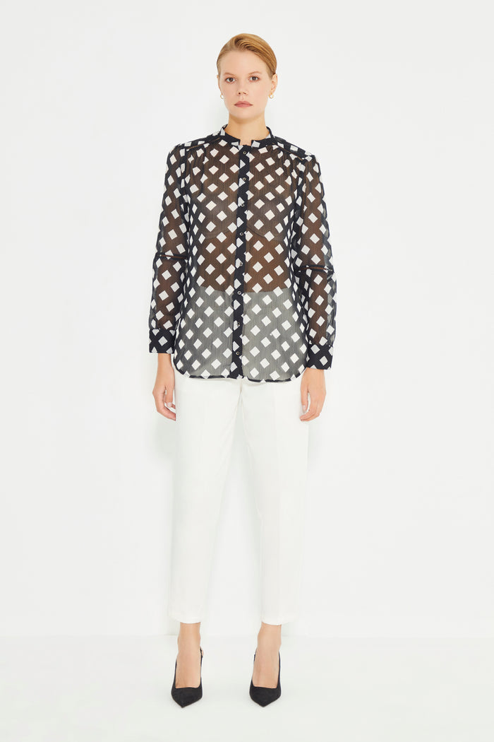 Black And White Checked Pattern Long Sleeve Ladder Strip Women's Shirt