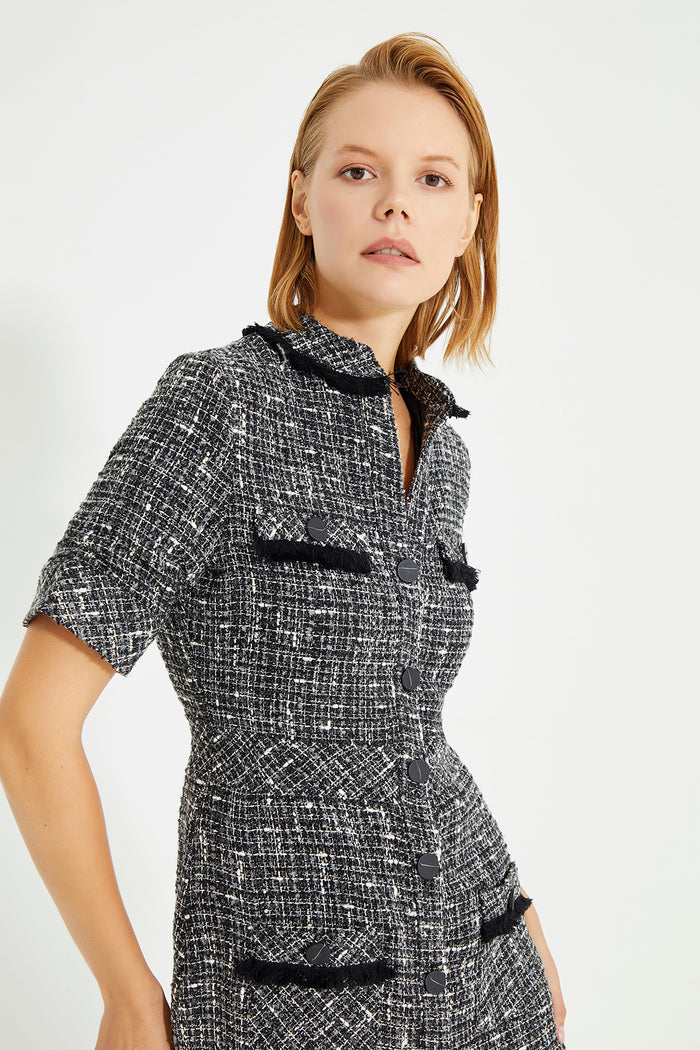 Black Tweed Tassel Detailed Midi Dress With Pockets