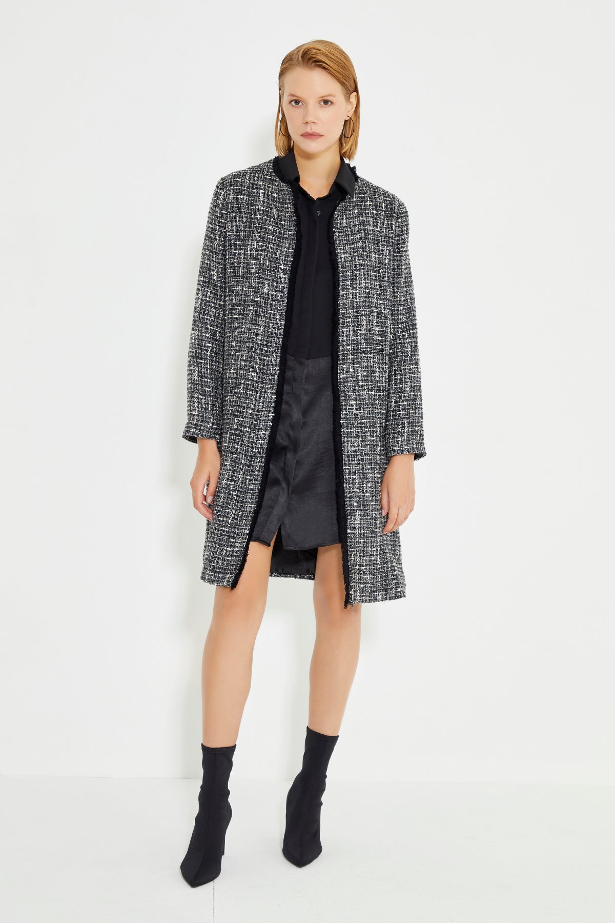 Black Tweed Crew Neck Long Women's Dress