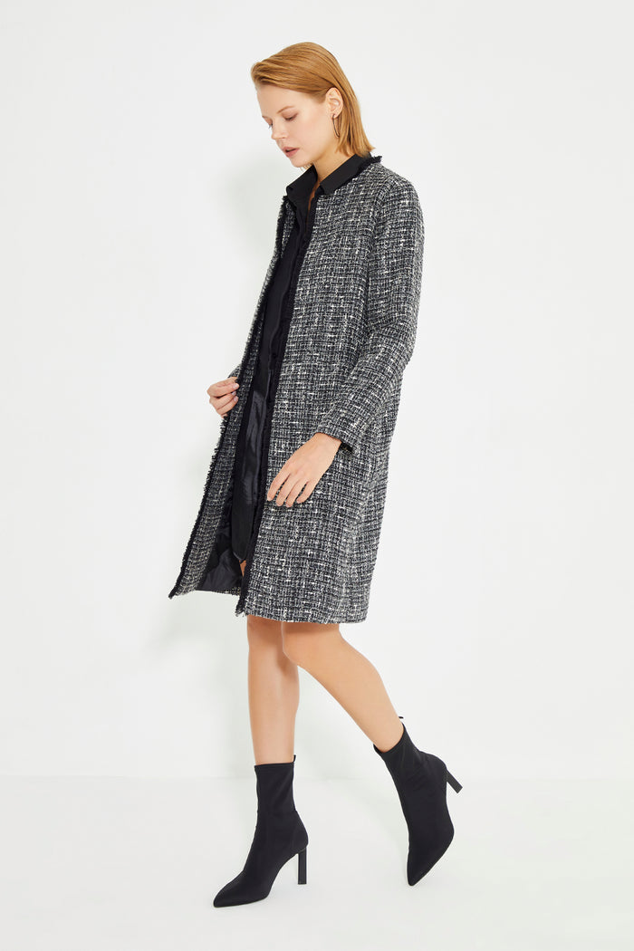 Black Tweed Crew Neck Long Women's Dress