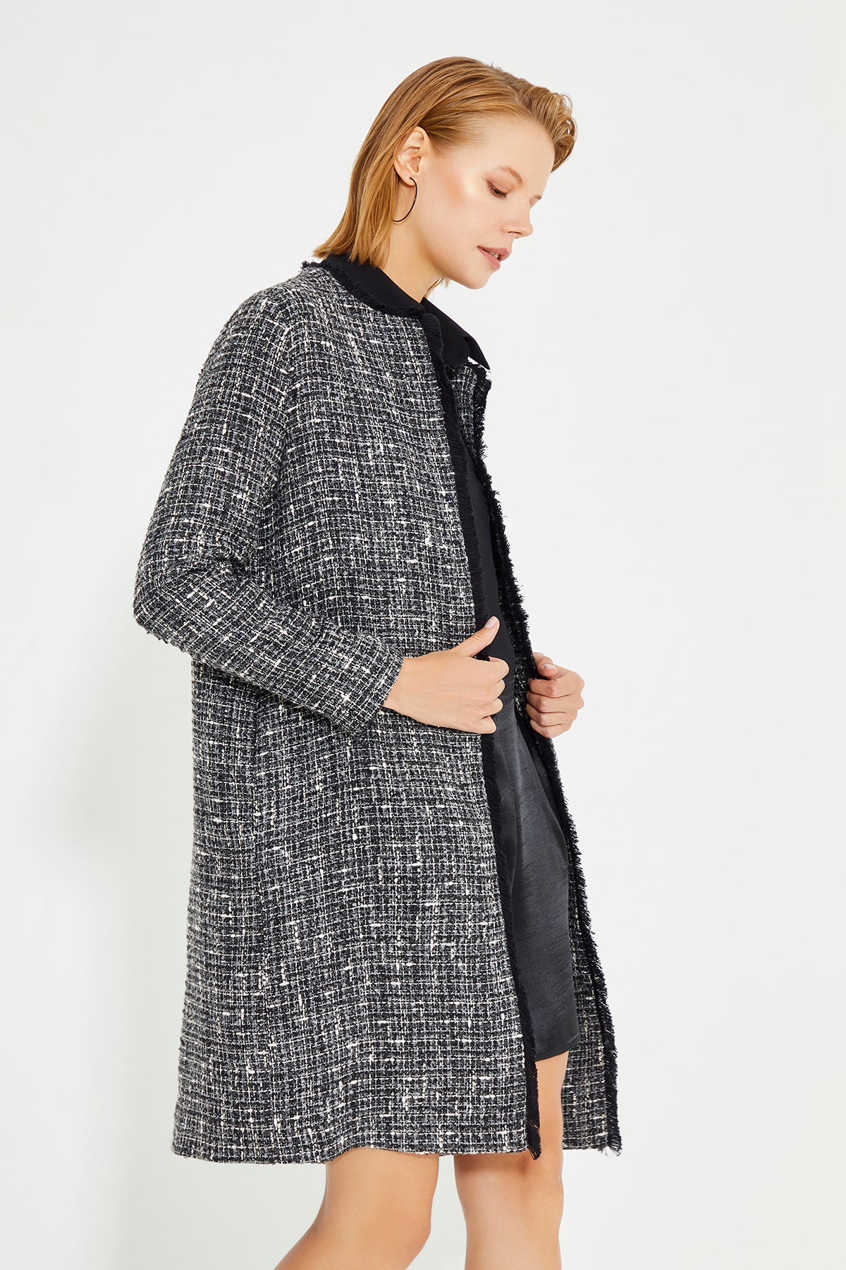 Black Tweed Crew Neck Long Women's Dress