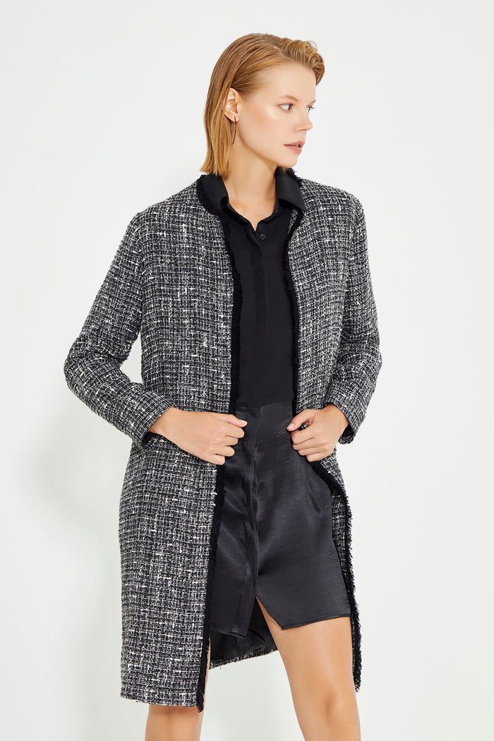 Black Tweed Crew Neck Long Women's Dress