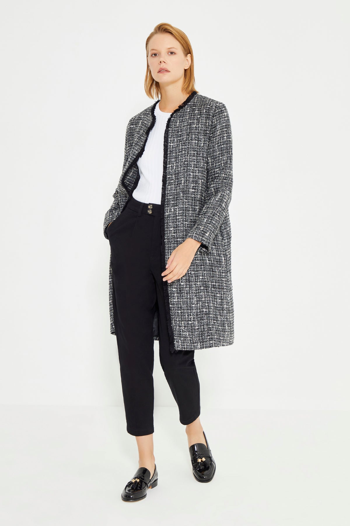 Black Tweed Crew Neck Long Women's Dress