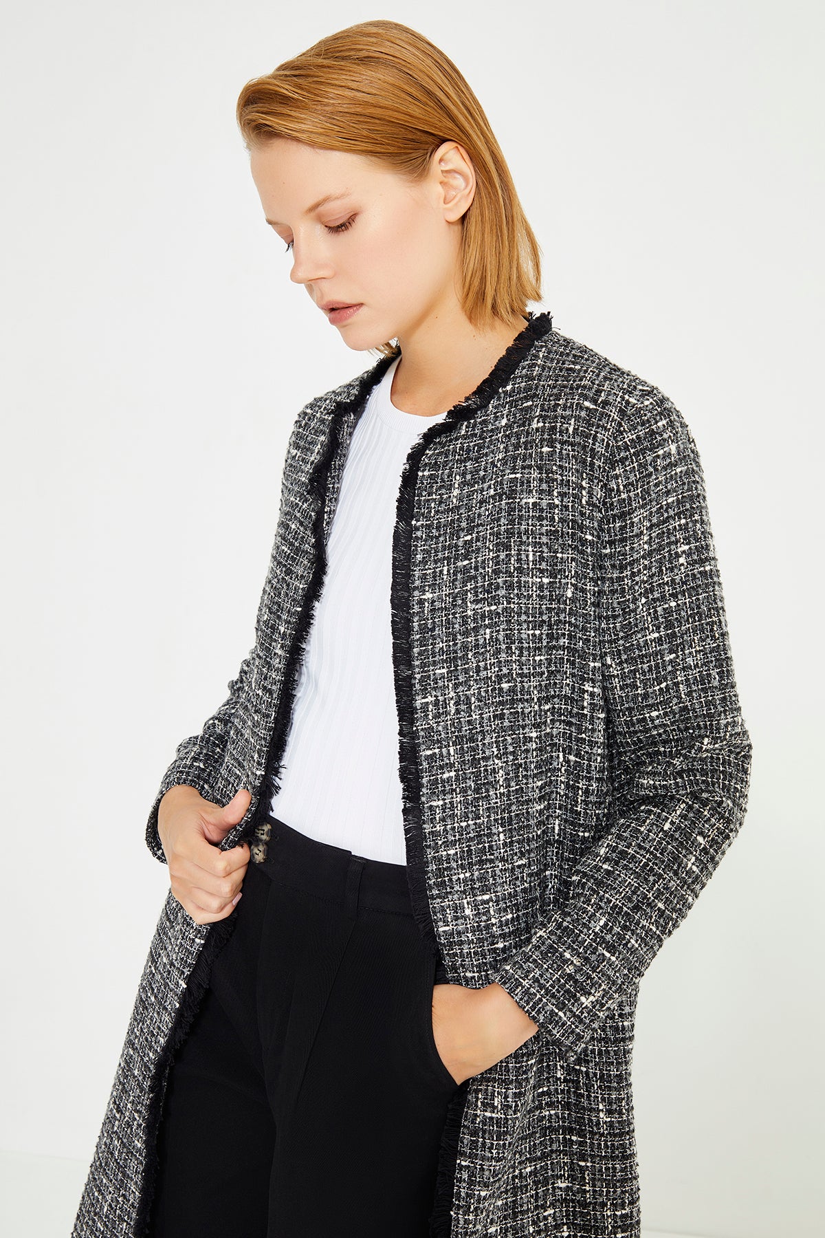 Black Tweed Crew Neck Long Women's Dress