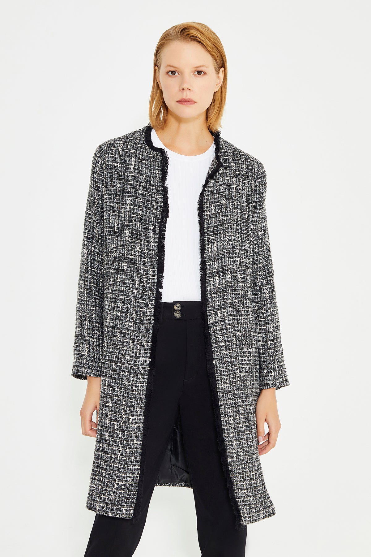 Black Tweed Crew Neck Long Women's Dress